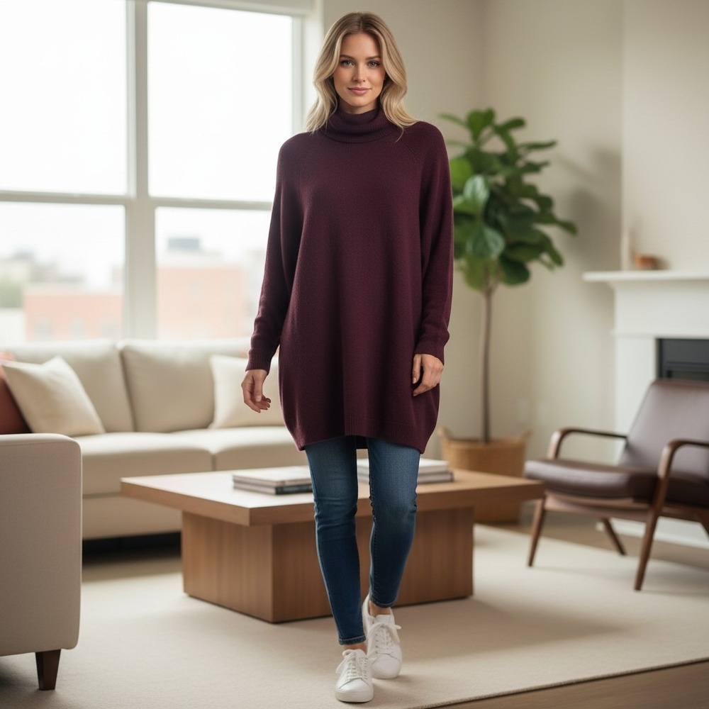 Woolrich Wool Turtleneck Tunic Sweater Women XXL Burgundy Long Sleeve Raglan